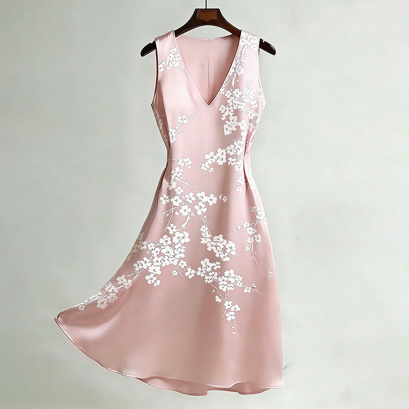 Cardydony Women's Japanese Cherry Blossom Art V-neck Sleeveless Flowy Midi Dress