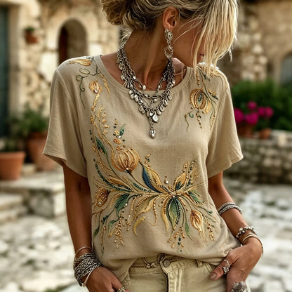 Cardydony Vintage Floral Art Embroidery Casual Linen Cotton Crew Neck Shirt