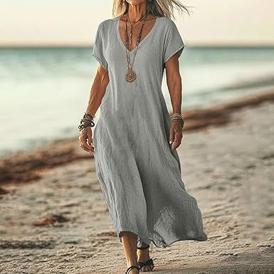 Cardydony Women's Solid Color V-neck Linen Blend Short Sleeve Dress