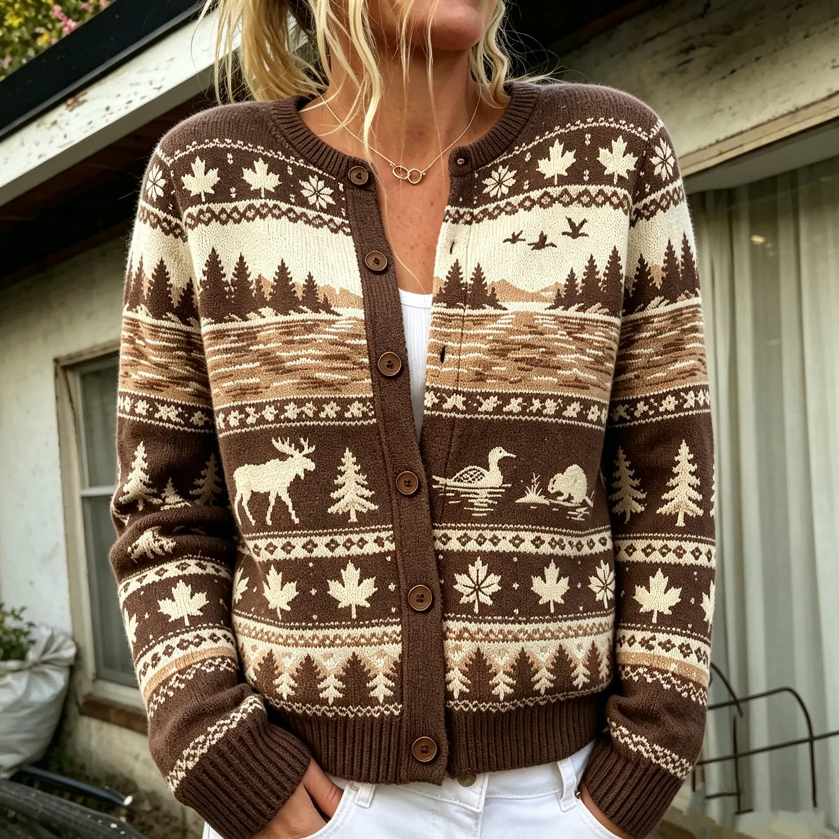 Cardydony Women's Vintage Moose And Maple Leaf Jacquard-knit Icelandic-style Cardigan
