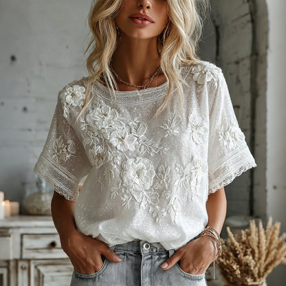 Cardydony Women's Vintage Summer Romantic Yellow Rose Art Linen Blend Short Sleeve Tops