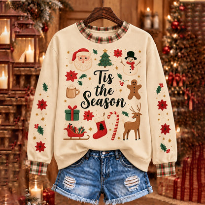 Cardydony Women's Christmas-themed 'tis The Season' Plaid Print Crewneck Sweatshirt
