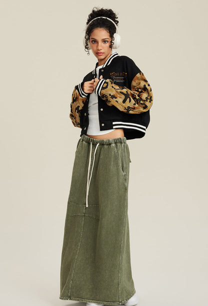 Cardydony Women's Cropped Varsity Jacket | Camo Sleeve Street Style