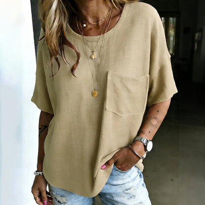 Cardydony Women's Vintage Casual Cotton And Linen Loose Pocket Top