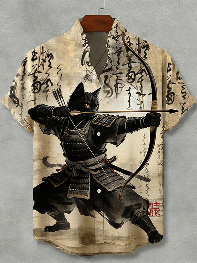 Cardydony Japanese Black Cat Samurai Archery With Calligraphy Art Short Sleeve Shirt