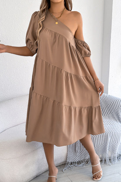Cardydony Women's Solid Color Loose Slash Neck Short-sleeved Casual Midi Dress
