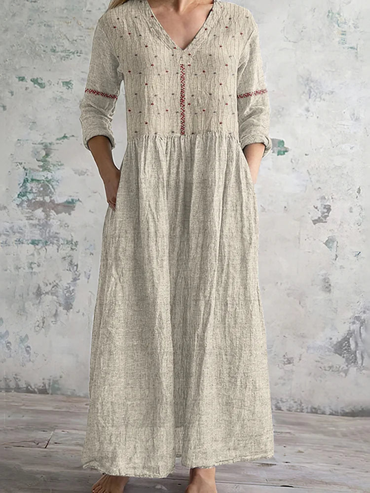 Cardydony Vintage Floral Embroidered Art Women's Linen Dress