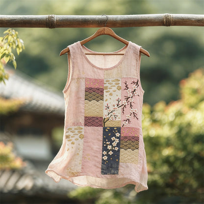 Cardydony Cherry Blossom Japanese Patchwork Art Linen Tank Top