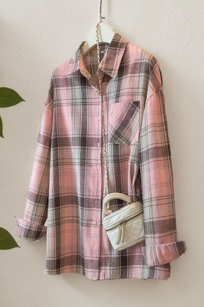 Cardydony Women's Stylish Plaid Collared Long-sleeved Pockets Casual Loose Shirt