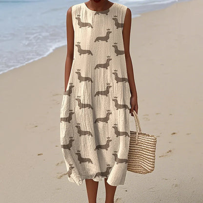 Cardydony Women's Retro Cute Dachshund Dog Art Linen Tank Midi Dress