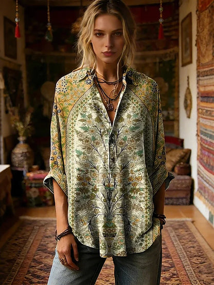 Cardydony Women's Retro Ethnic Floral Pattern Art Print Casual Long-sleeved Shirt