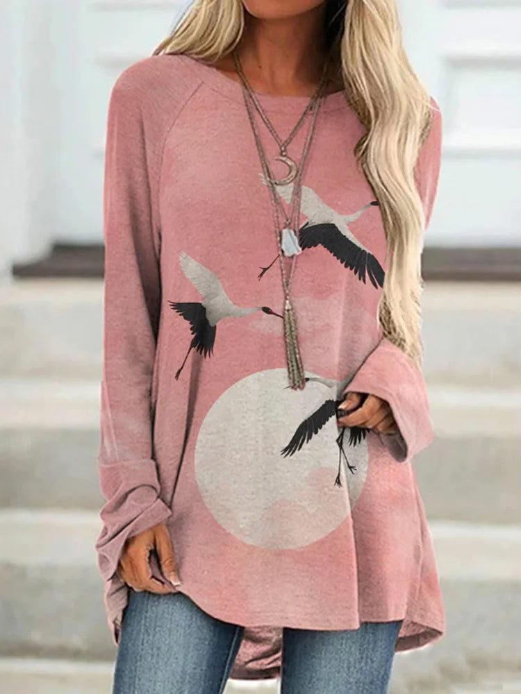 Cardydony Japanese Art Crane Print Casual Tunic