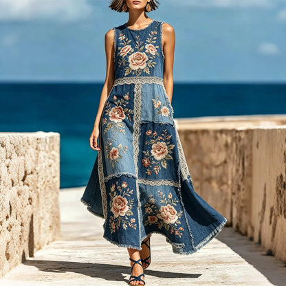 Cardydony Women's Lace Floral Patchwork Retro Cotton And Linen Vest Dress