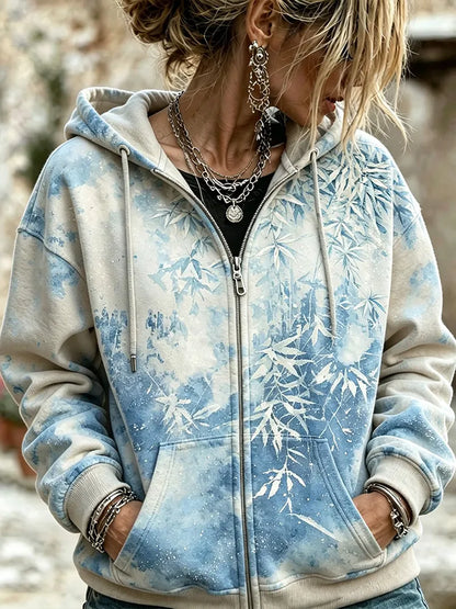 Cardydony Women's Retro Bohemian Tie-dye Blue Bamboo Leaf Print Loose Casual Zip-up Hooded Sweatshirt