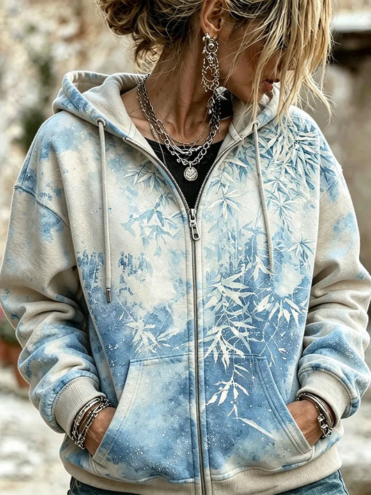Cardydony Women's Retro Bohemian Tie-dye Blue Bamboo Leaf Print Loose Casual Zip-up Hooded Sweatshirt