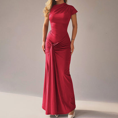Cardydony Women's Fashionable And Elegant Slim-fit Pleated Tie-waist Short-sleeved Dress