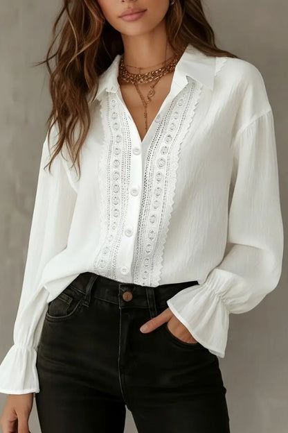 Cardydony Women's Solid Color Patchwork Lace Lapel Long-sleeved Button Casual Shirt