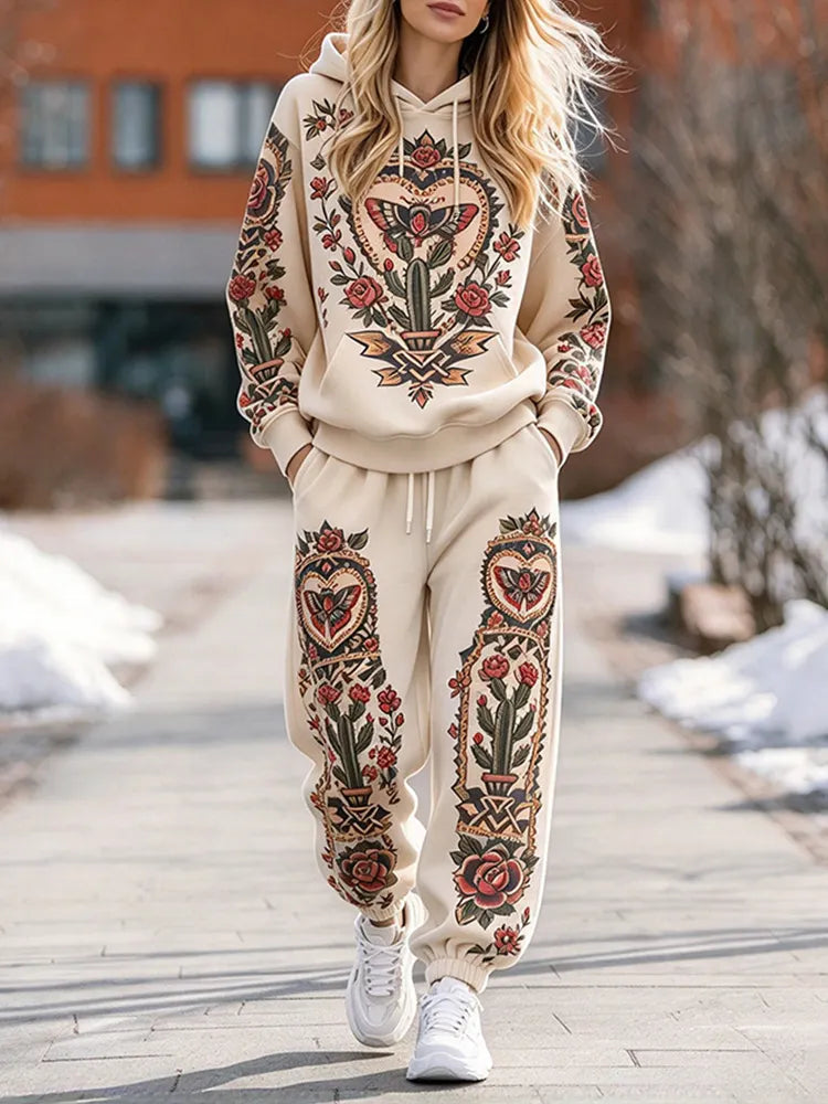 Cardydony Women's Vintage Butterfly And Floral Print Hoodie And Pants Set