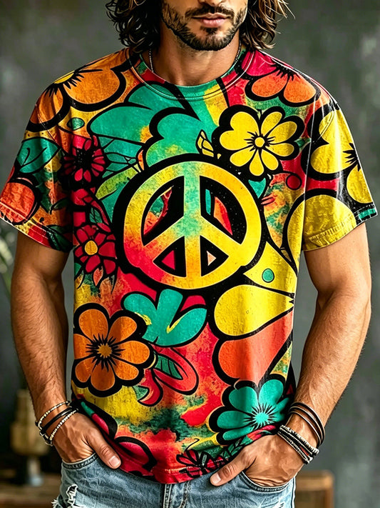 Cardydony Men's Retro Hippie Peace Logo Floral Print Casual T-shirt