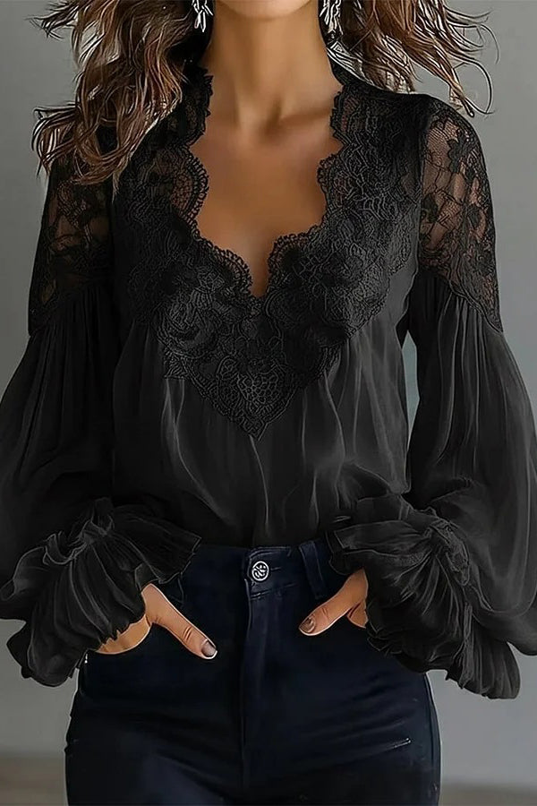 Cardydony Women's Fashionable Patchwork Lace V-neck Puff Sleeve Loose Shirt