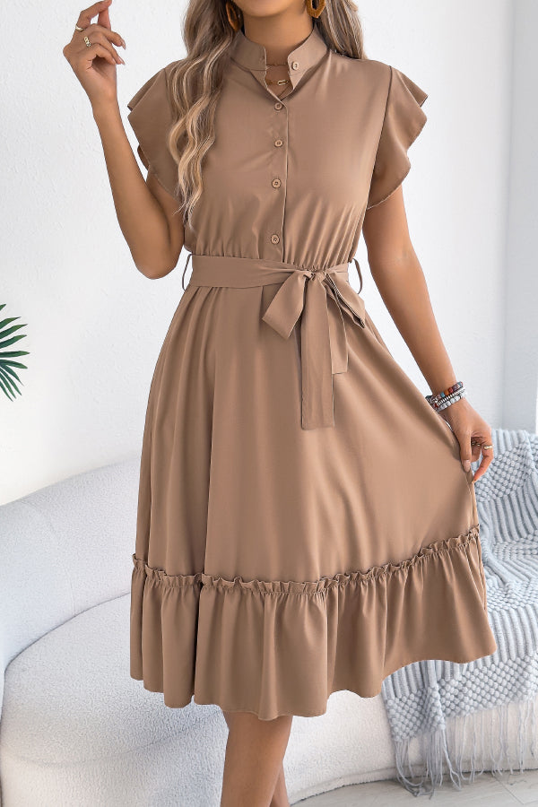 Cardydony Women's Solid Color Stand Collar Button Waist Tie Casual Midi Dress