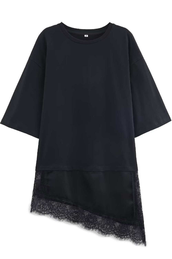 Cardydony Women's Stylish Round Neck Short-sleeved Patchwork Lace Hem Loose T-shirt