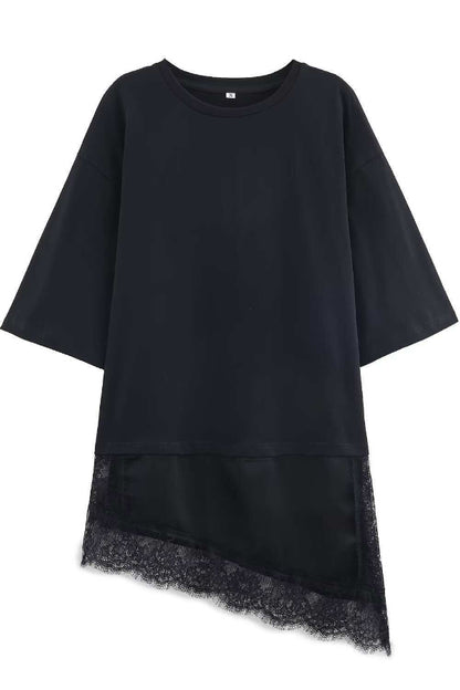 Cardydony Women's Stylish Round Neck Short-sleeved Patchwork Lace Hem Loose T-shirt