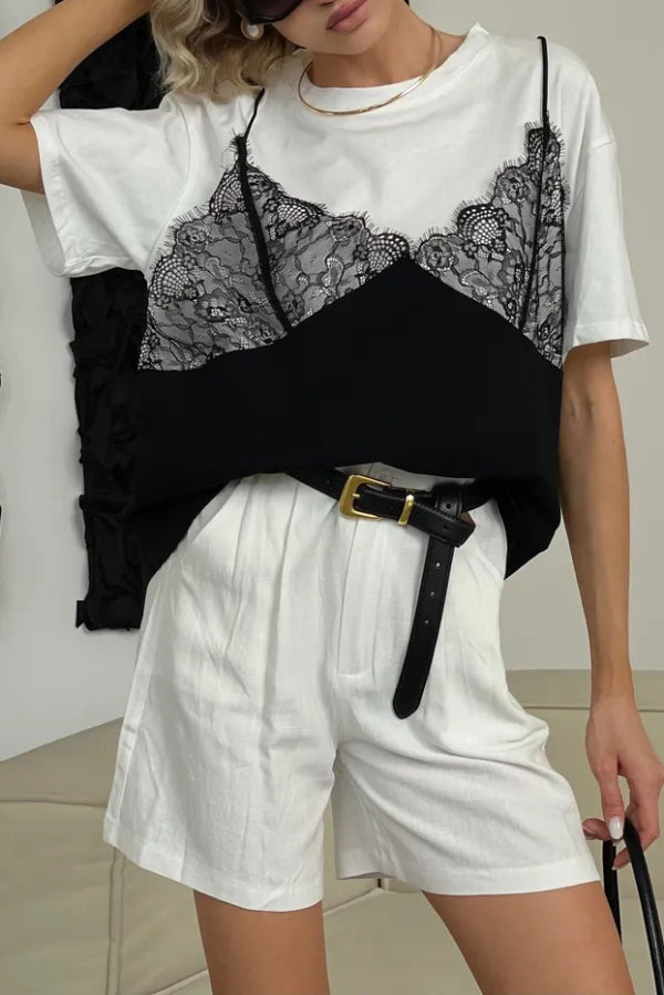 Cardydony Women's Fashionable Lace Patchwork Loose-fitting Round Neck Short-sleeved T-shirt