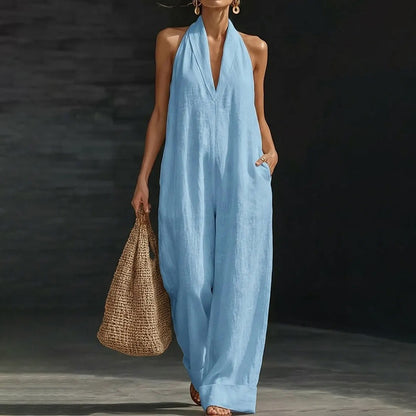 Cardydony Women's Solid Color Sleeveless Linen Blend Jumpsuit