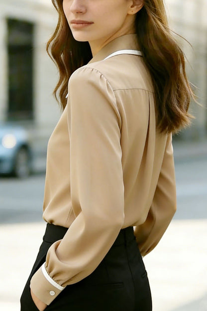 Cardydony Women's Stylish Color-blocked Collared Long-sleeved Casual Button-down Shirt