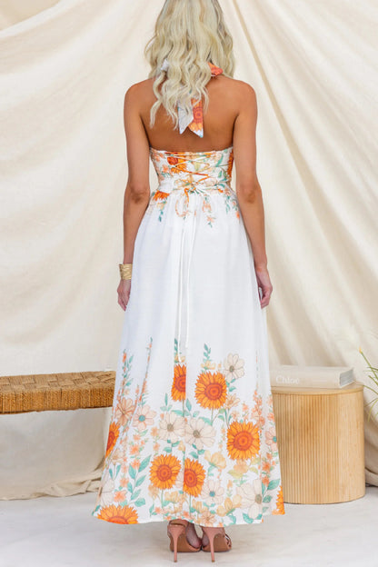 Cardydony Women's Sunflower Print V-neck Fitted Waist Elegant Maxi Dress
