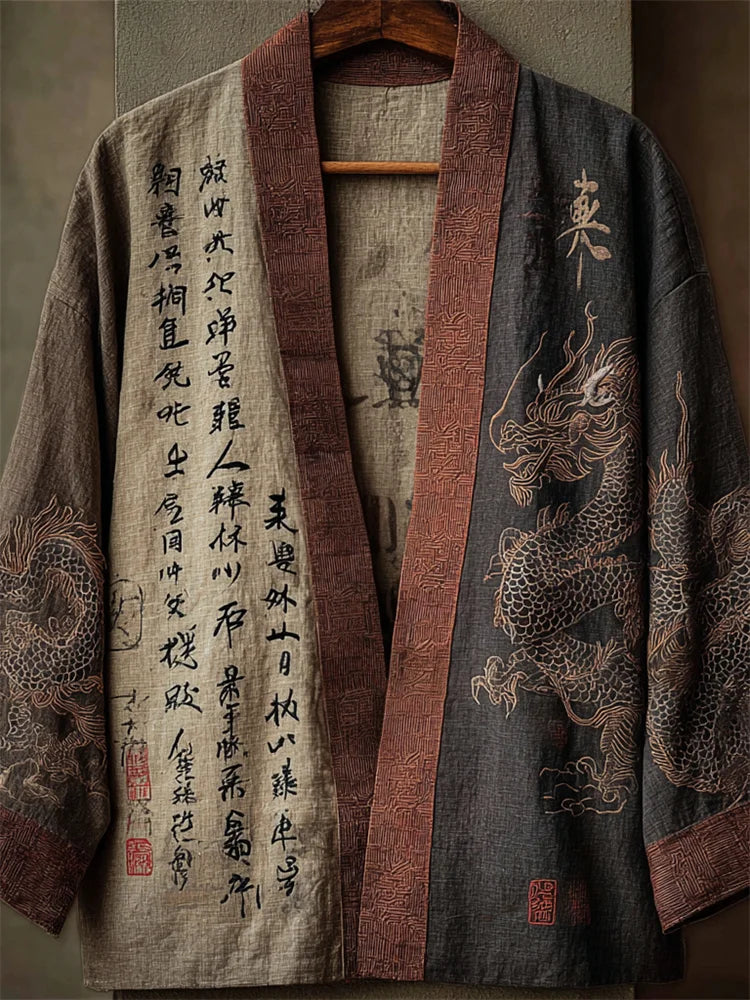 Cardydony Japanese Dragons & Calligraphy Contrast Linen Kimono
