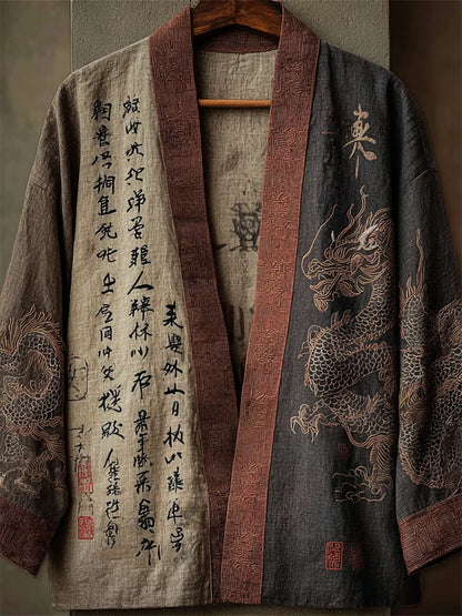 Cardydony Japanese Dragons & Calligraphy Contrast Linen Kimono