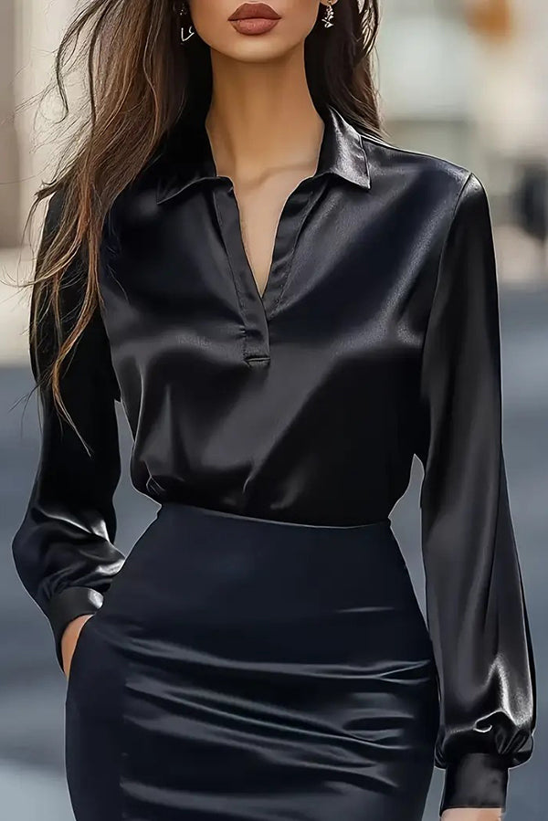 Cardydony Women's Solid Color Satin V-neck Long-sleeved Elegant Shirt