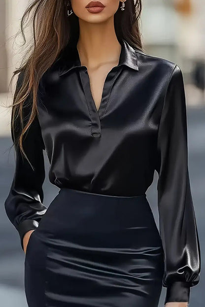 Cardydony Women's Solid Color Satin V-neck Long-sleeved Elegant Shirt
