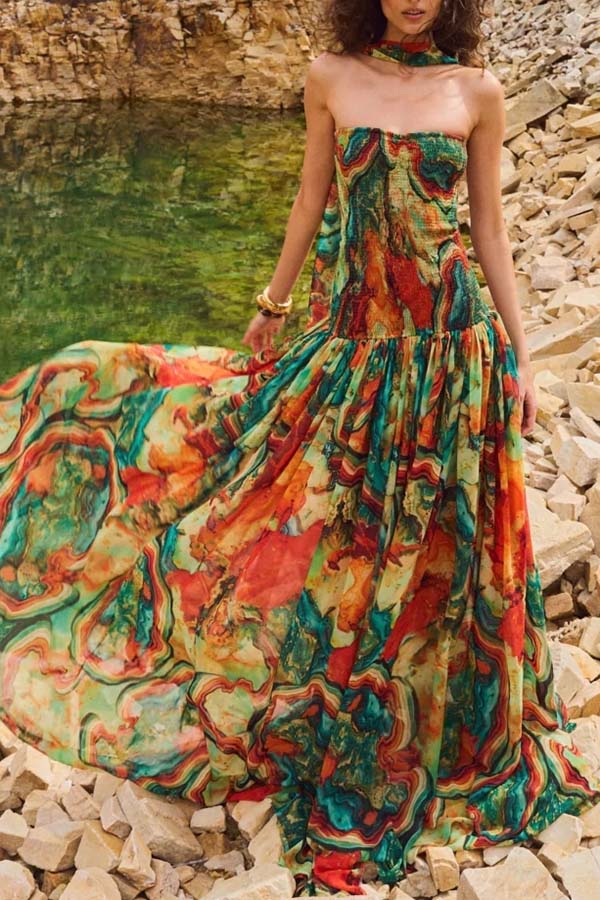 Cardydony Women's Vacay Vibes Colorful Lava Print Off Shoulder Smocked Scarf Maxi Dress