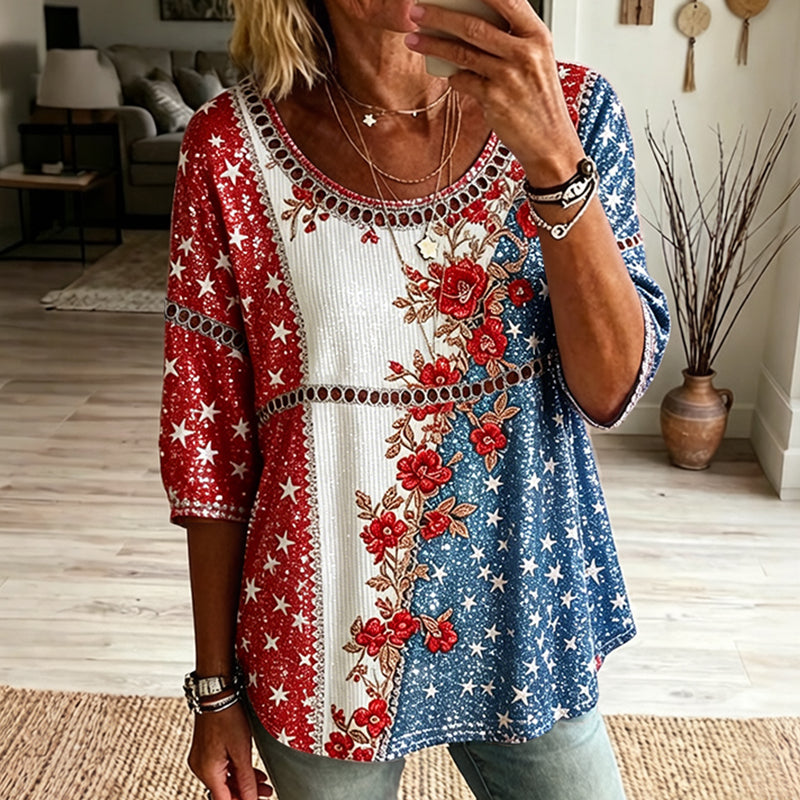 Cardydony Women's Vintage Independence Day And Floral Art Flowy Linen Blend Three Quarter Sleeves T-shirt