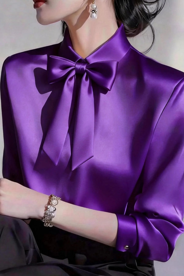 Cardydony Women's  Solid Color Lapel Bow Tie Long-sleeved Casual Shirt