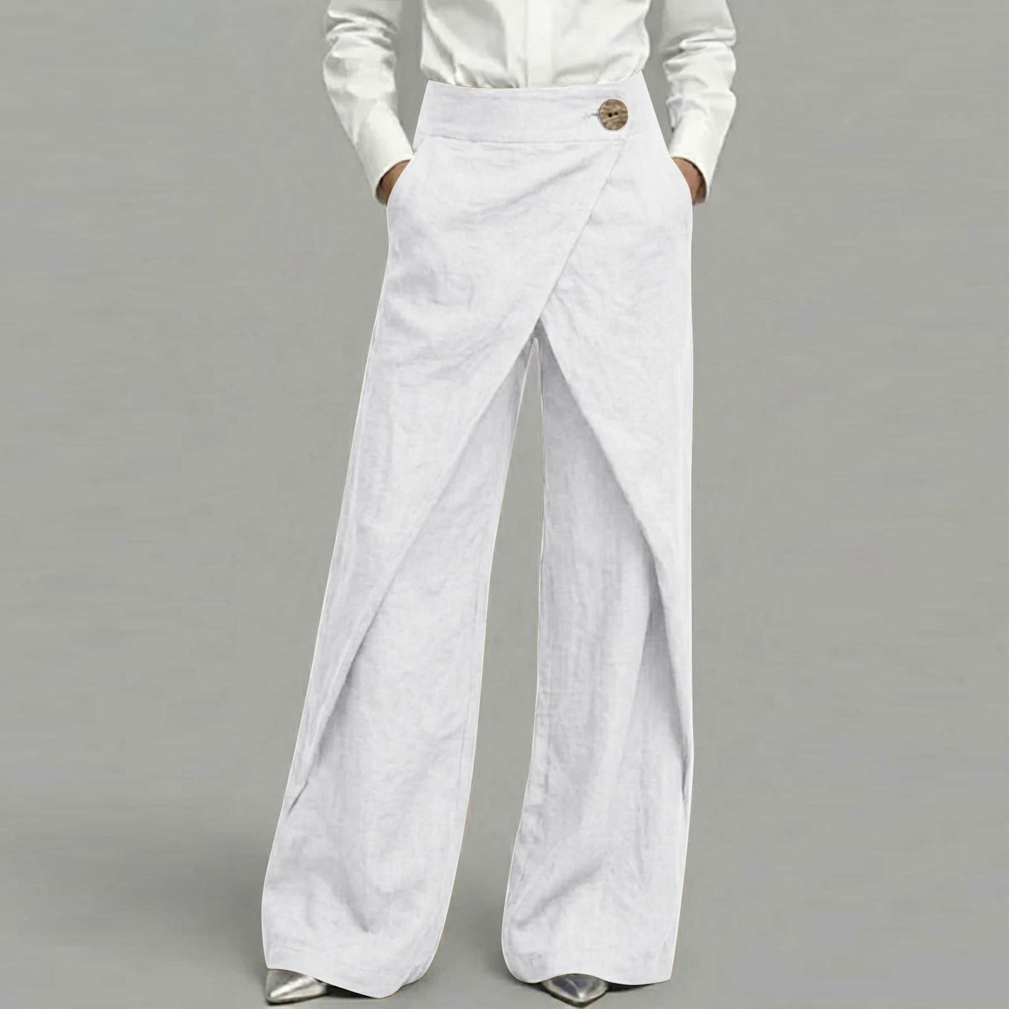 Cardydony Women's Casual Retro Slanted Button Cotton And Linen Pants