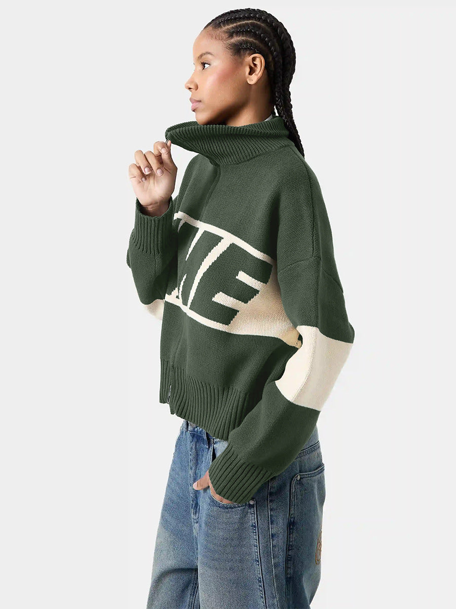 Cardydony Women's Retro Jacquard Letter Zip Up Sweater – Sporty Colorblock Knit Cardigan