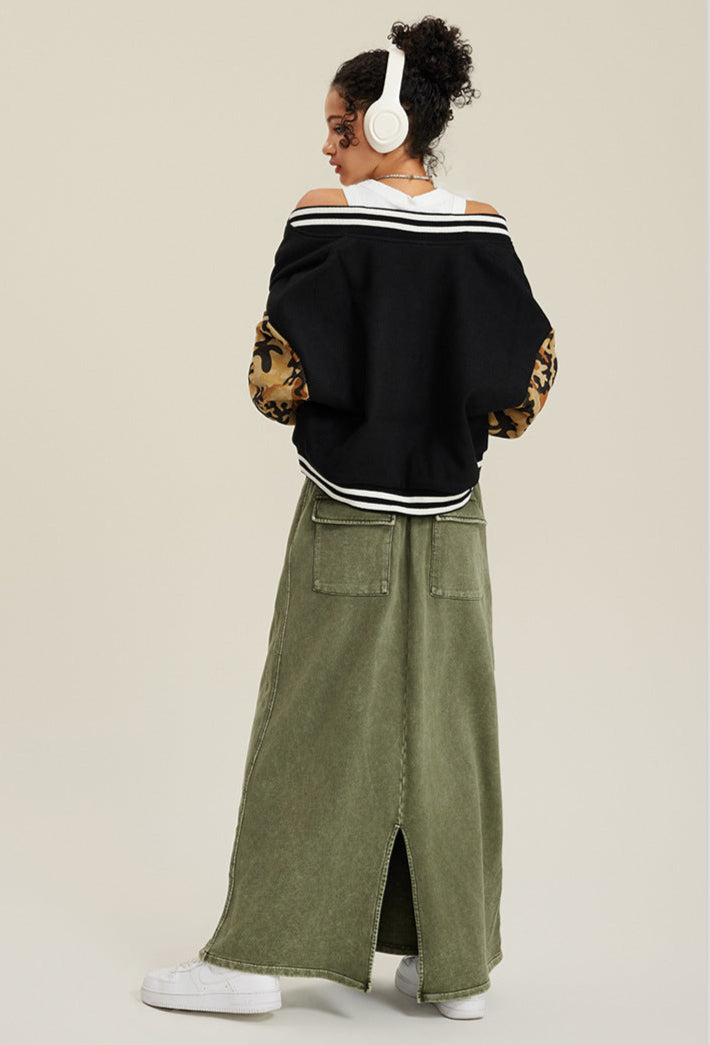 Cardydony Women's Cropped Varsity Jacket | Camo Sleeve Street Style