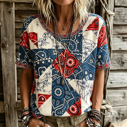 Cardydony Women's Hippie Usa Inspired Paisley Ethnic Linen Blend T-shirt