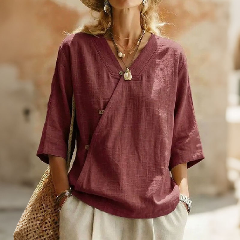 Cardydony Women's Casual Cotton And Linen Retro Diagonal Button Three-quarter Sleeve Top