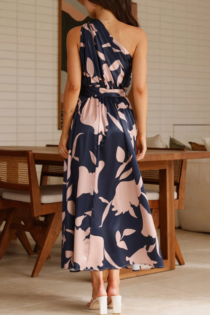 Cardydony Women's Unique Printed One-Shoulder Belt Casual Holiday Maxi Dress