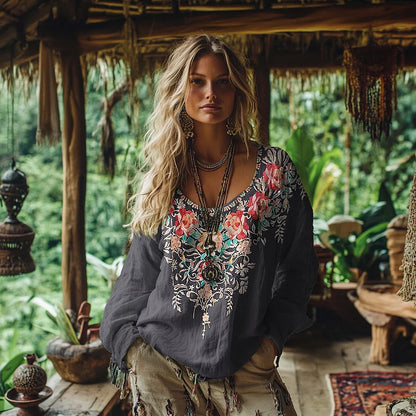 Cardydony Retro Bohemian Resort Floral Pattern Art Embroidery Cotton And Linen Blend Loose Blouse