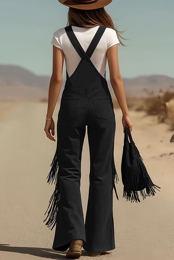 Cardydony Women's Stylish Suede Tassel Button Pocket Casual Wide-leg Overalls