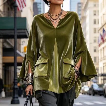 Cardydony Women's Fall Winter Cozy Elegant V-neck Olive Velvet Tunic Top