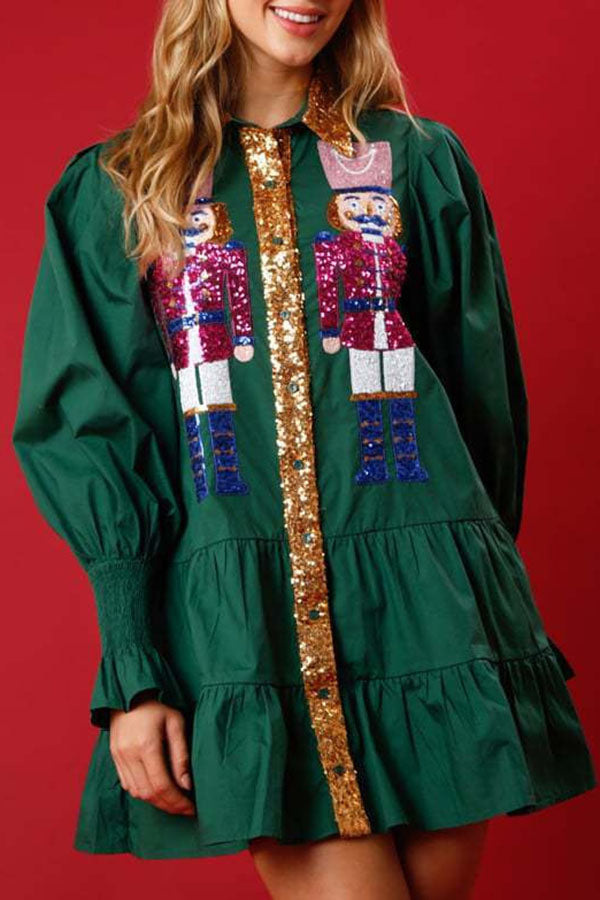 Cardydony Women's Nutcracker Sequined Button Down Long Sleeve Mini Dress