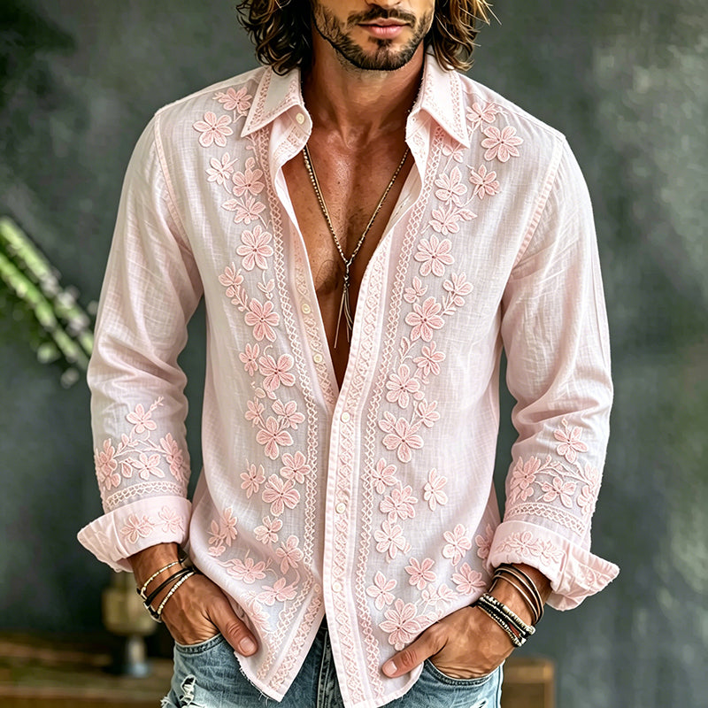 Cardydony Men's Causal Spring Floral Art Print Flowy Linen Blend Shirt