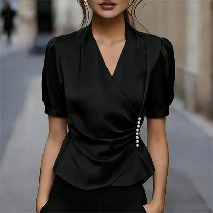 Cardydony Classy Pearls Wrap Pleated Satin Shirt